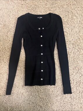 Fashion Nova Black Ribbed Button-Front Long Sleeve Top